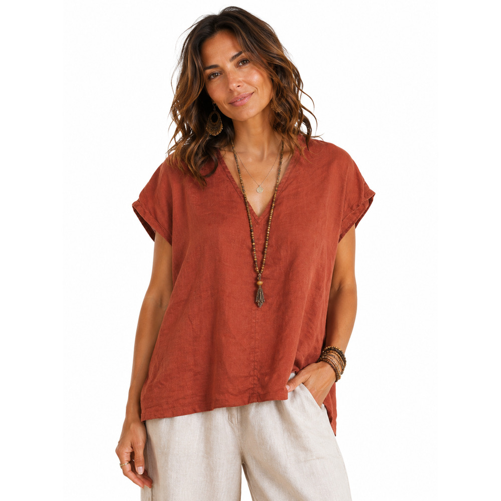 Not Perfect Linen Oversized V-Neck Dark Orange Dolman Short Sleeve Top Shirt S/M